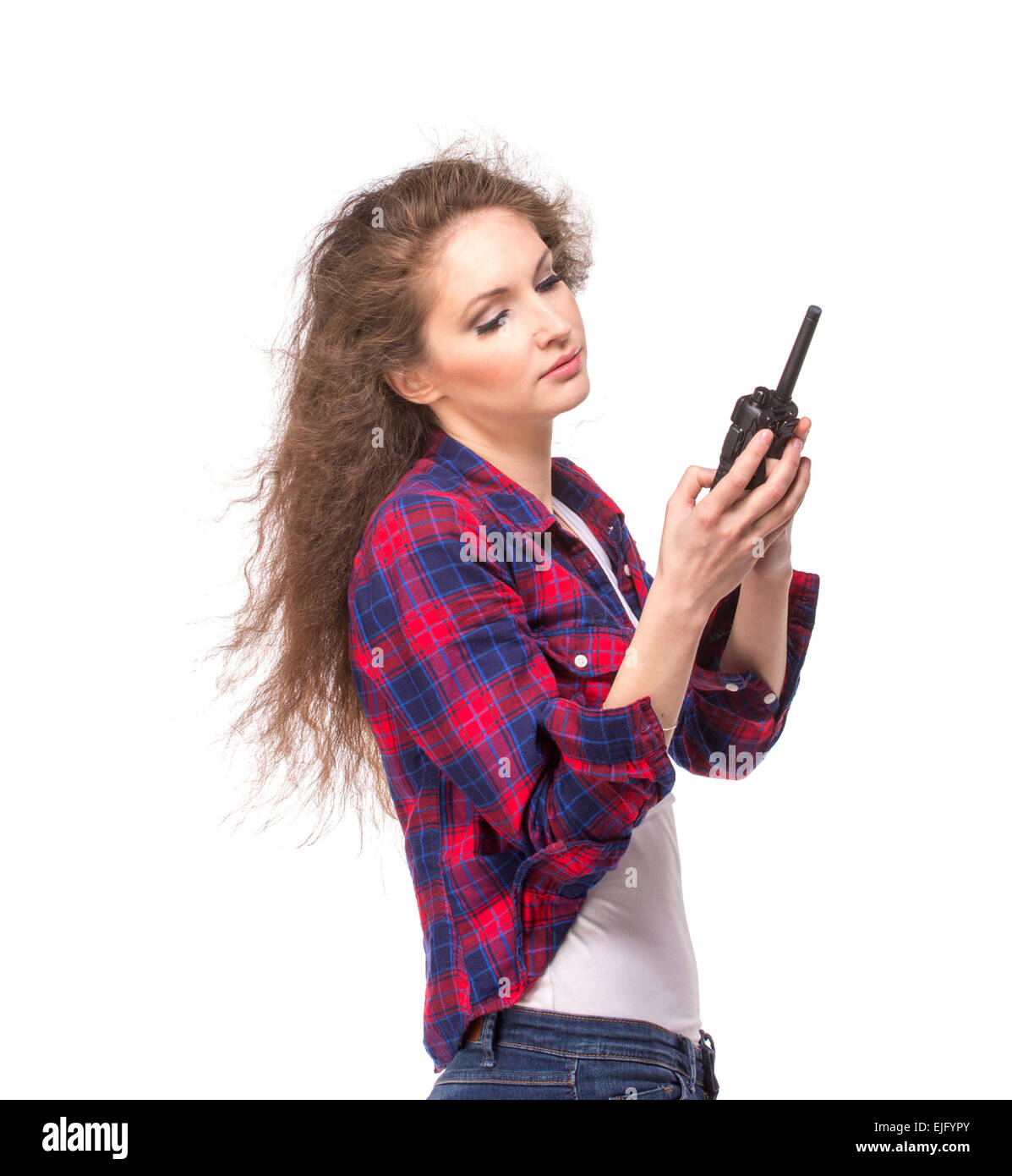 Woman with cb radio, isolated Stock Photo