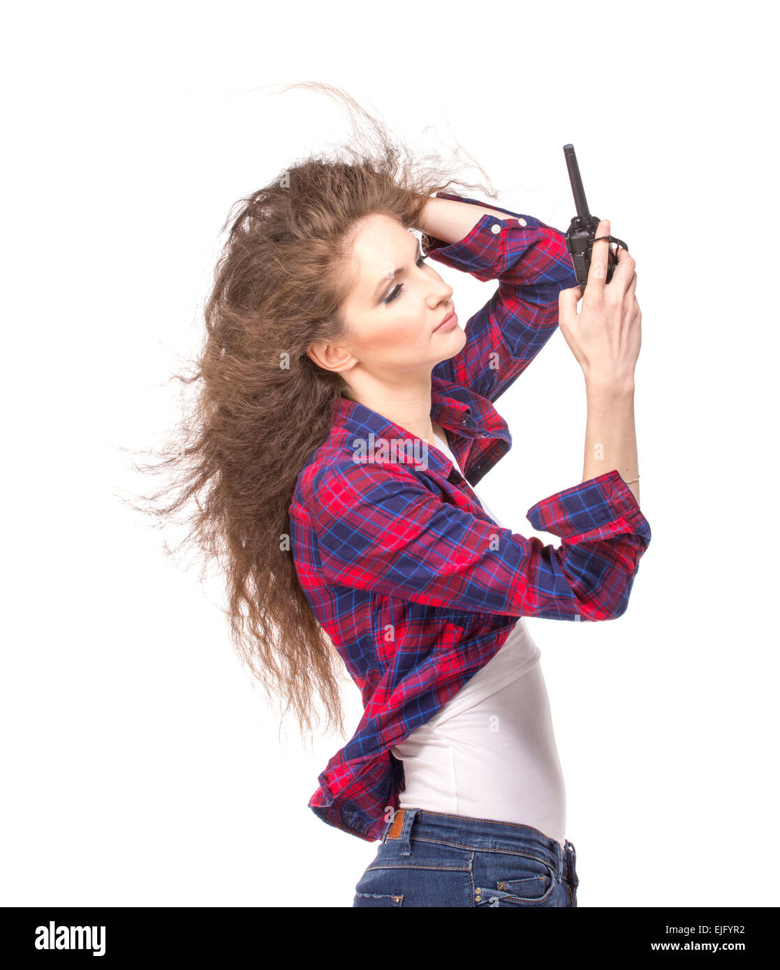 Woman with cb radio, isolated Stock Photo