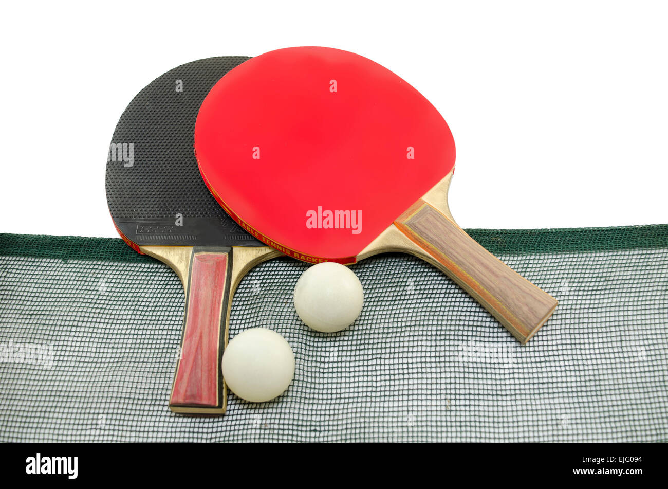 Two table tennis rackets and an old net isolated on white Stock Photo