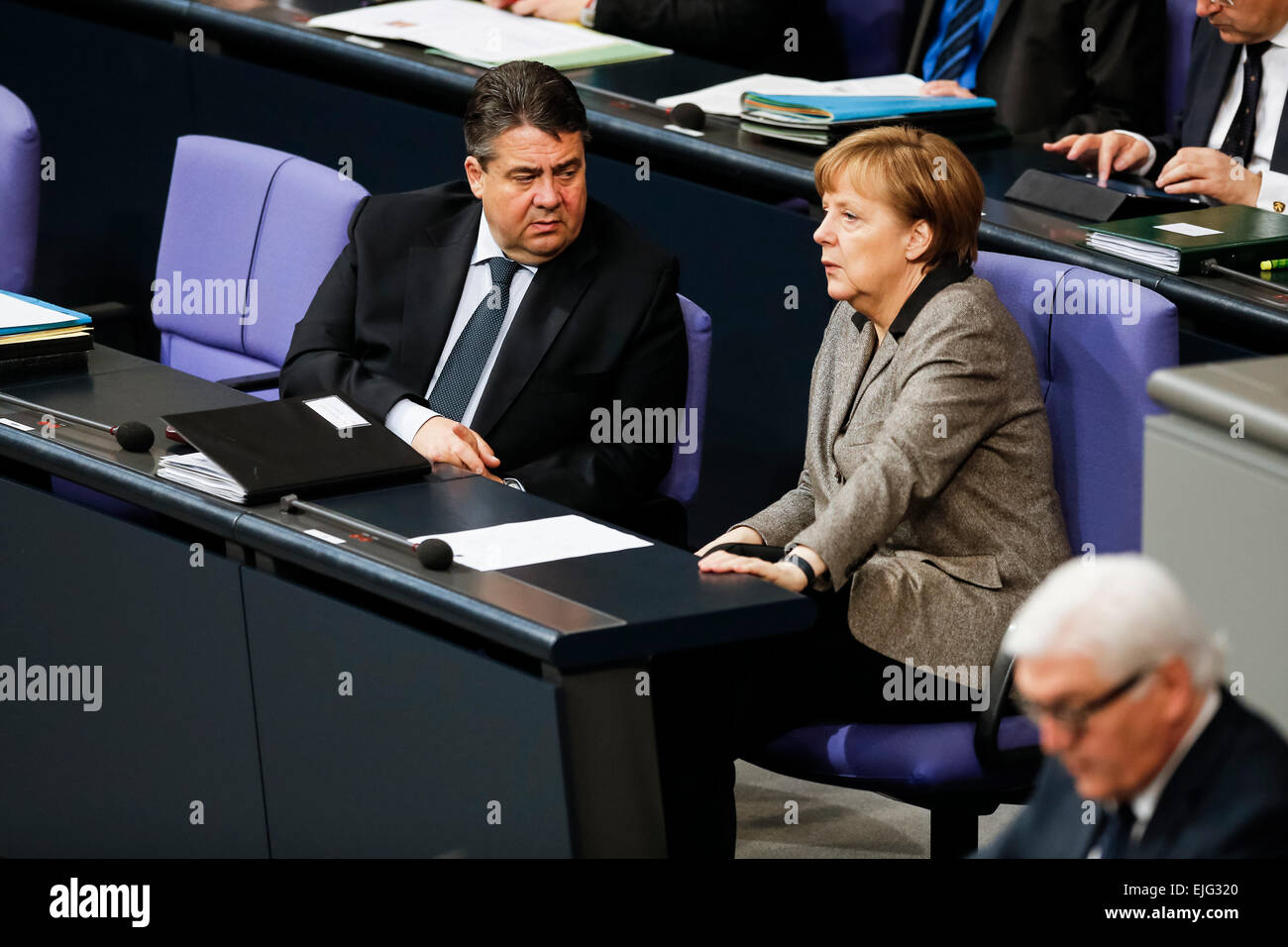 Berlin, Germany. 26th March, 2015. 97th Session of the German Bundestag -Consultation of the Federal German Government to the association agreements between the European Union,  the Ukraine, Georgia and the republic Moldavia, at Bundestag on March 26, 2015 in Berlin Germany. /Picture: Sigmar Gabriel (SPD), German Minister of Economy and Energy, and German Chancellor Angela Merkel. Credit:  Reynaldo Chaib Paganelli/Alamy Live News Stock Photo