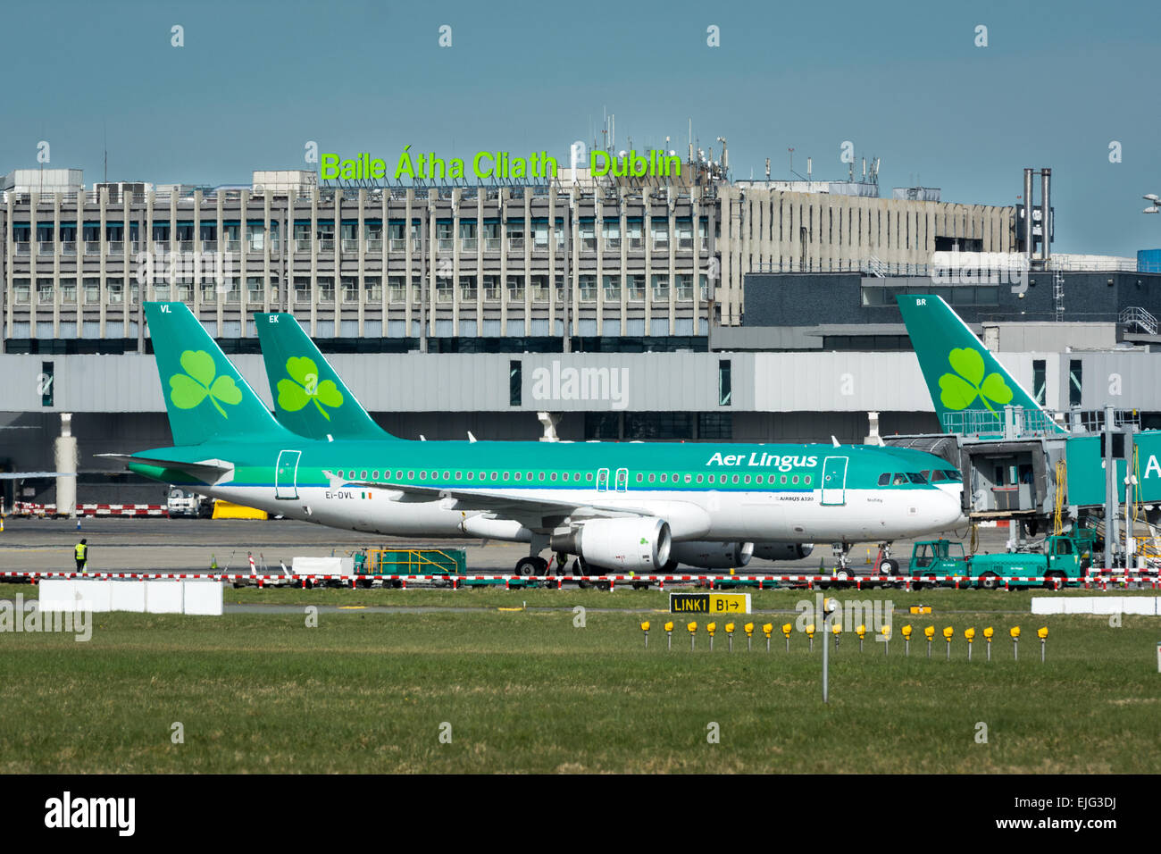 Aer Lingus airbus planes on tarmac with Dublin Airport sign and