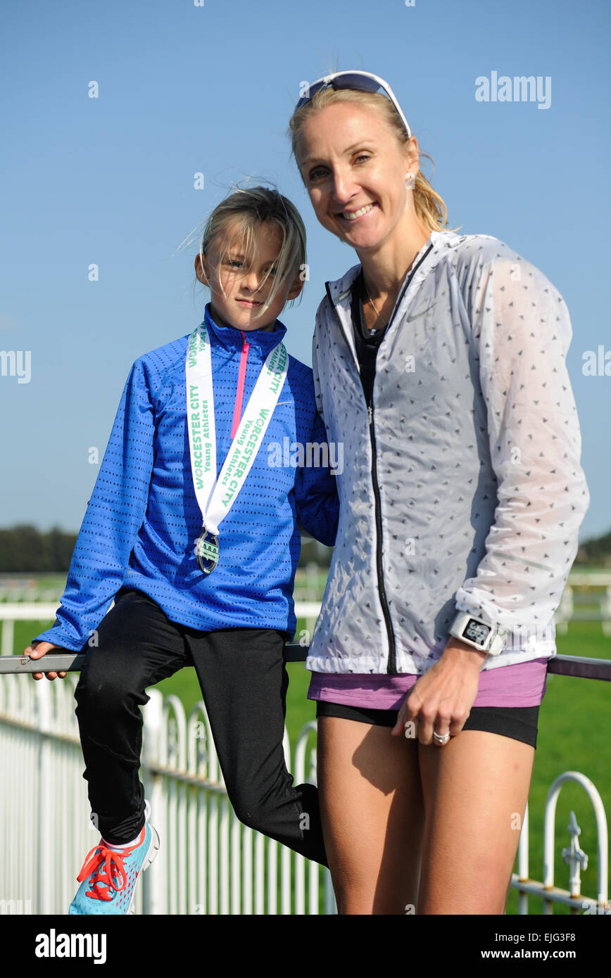 Paula Radcliffe and her daughter Isla attend the Worcester City 10k run