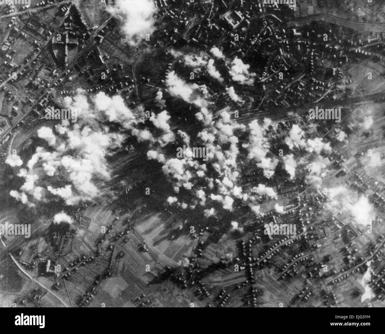 BOMBING CAMPAIGN  1944. American B-17 and B-24 aircraft attack railway marshalling yards near Osnabruck, Germany Stock Photo