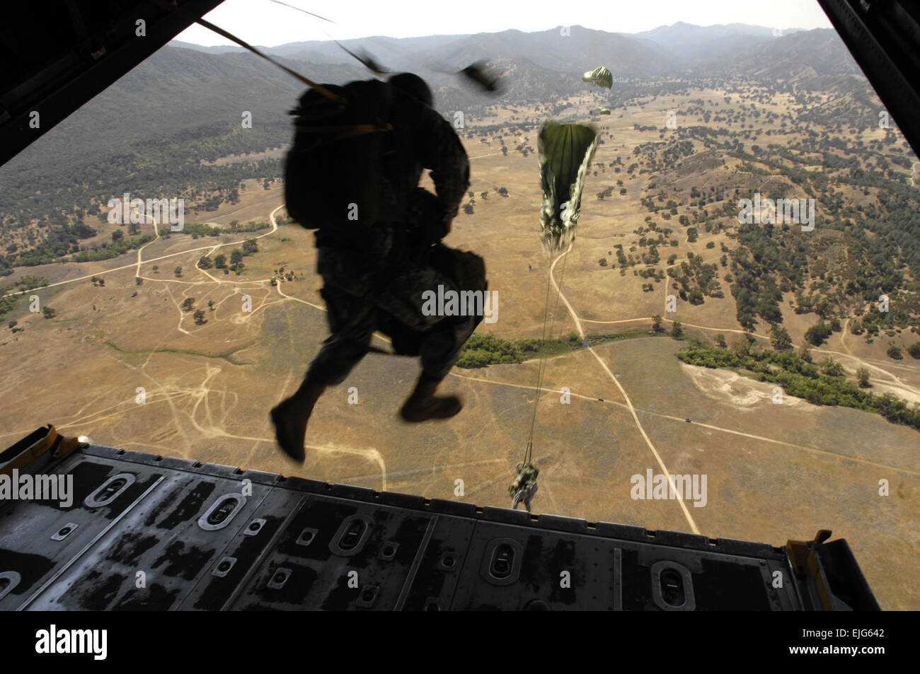 U.S. Army soldiers perform a static line parachute jump over the Patricia  Drop Zone in California on June 2, 2007, as part of Operation Hydra. The  operation exercises the ability to conduct