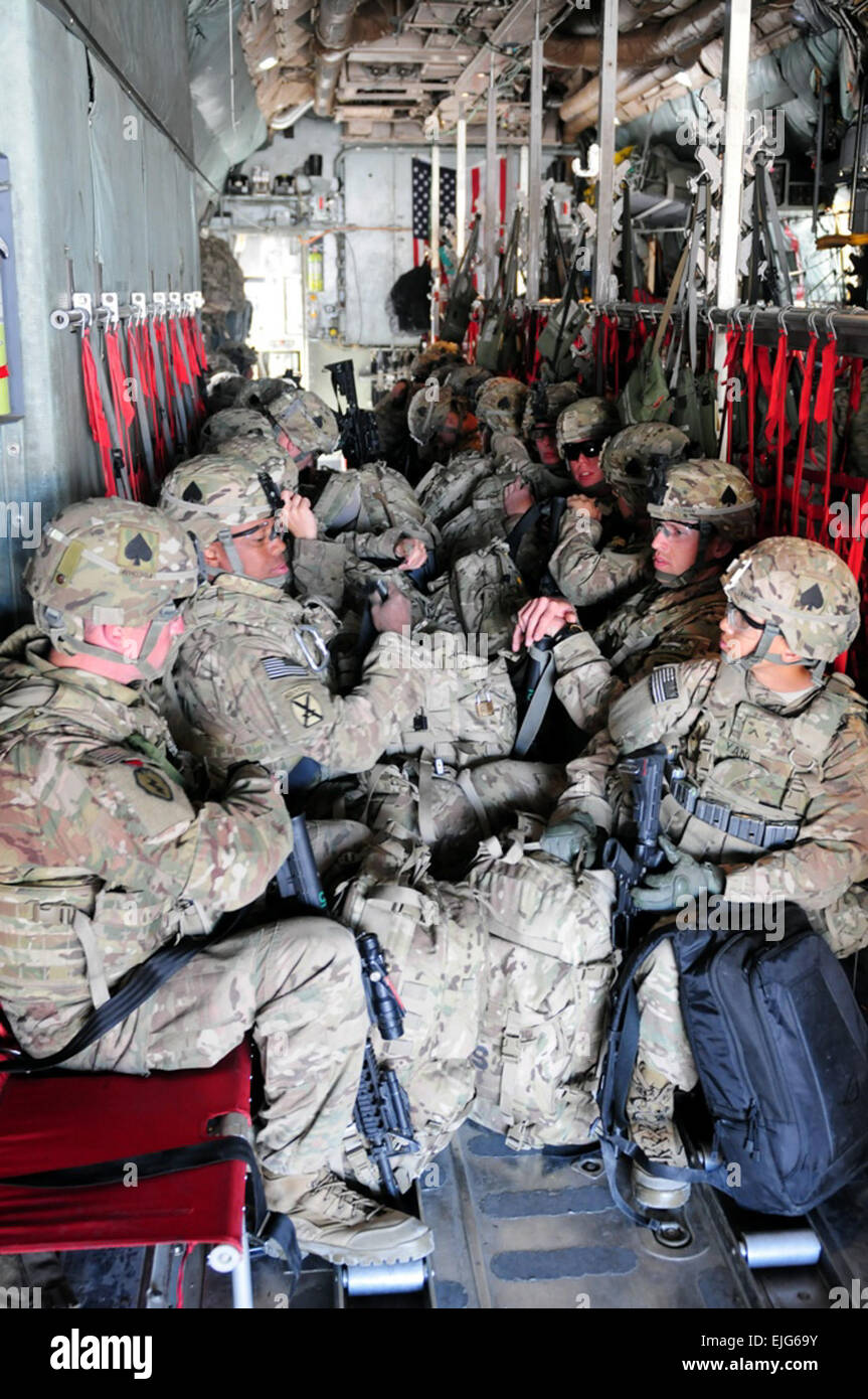 On the way to their next Rendezvous with Destiny, Soldiers from the 4th Brigade Combat Team, 101st Airborne Division, loaded in to a C-130 Hercules that carried them from Bagram Airfield to Forward Operating Base Salerno, Afghanistan, on May 8, 2013. Stock Photo