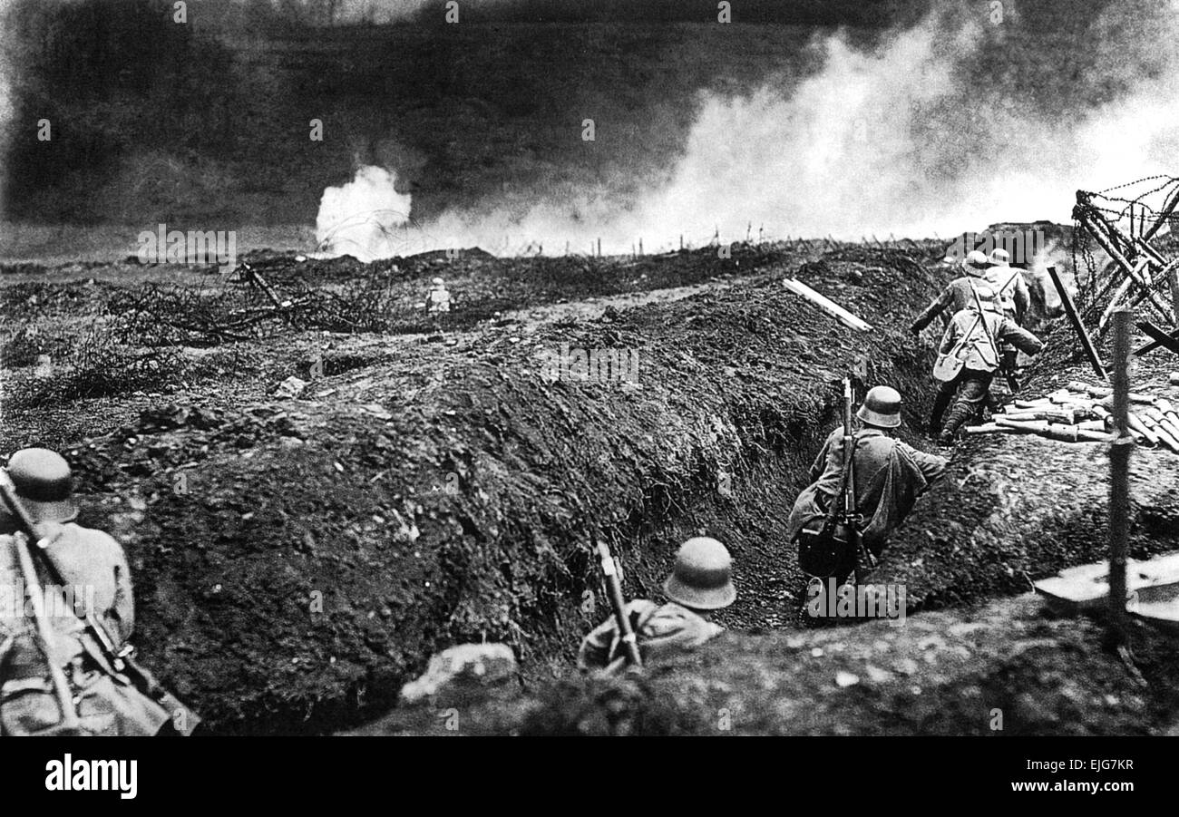 GERMAN STORMTROOPERS near Sedan in May 1917. Note pile of stick grenades at right which would be carried in the bag slung over the shoulder of the soldier next to them Stock Photo