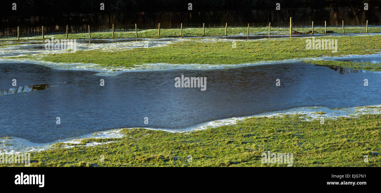 Frozen pools of water in the farmland pastures of the Conwy Valley on a frosty winters day in Snowdonia National Park Gwynedd Stock Photo