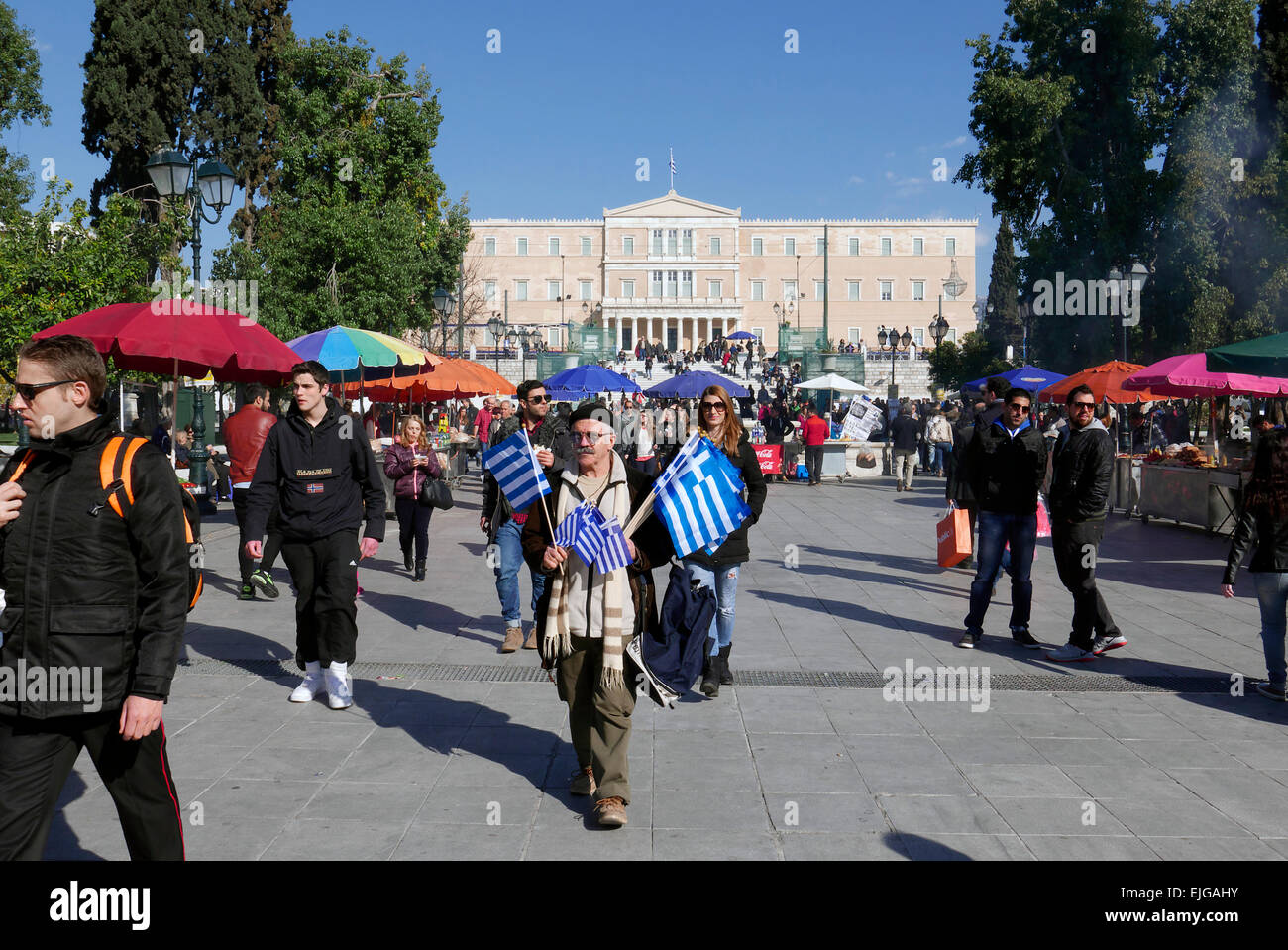 greece athens sitagma square a man selling greek flags Stock Photo