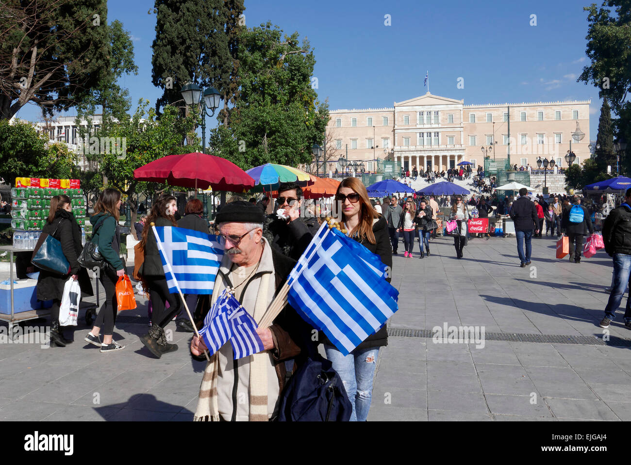 greece athens sitagma square a man selling greek flags Stock Photo