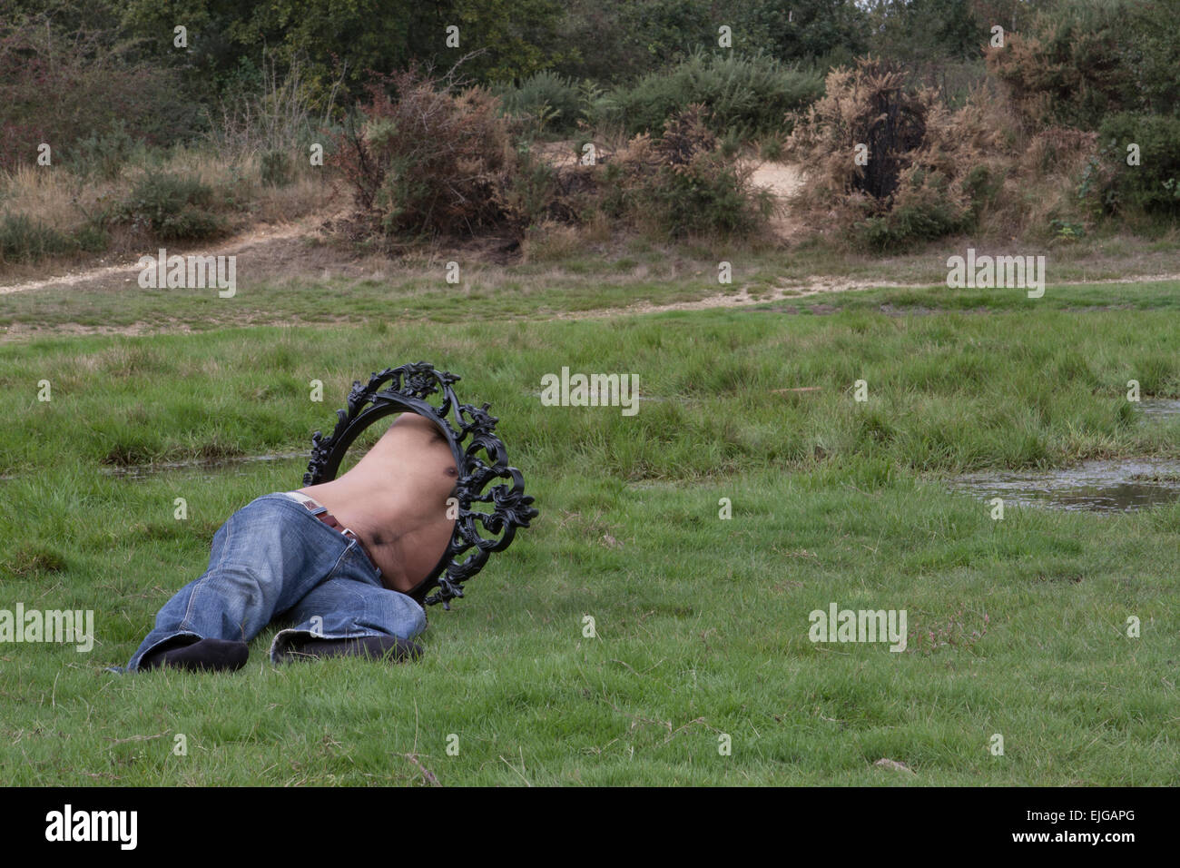 the scape, the scaping man, man on the forest, man in the frame, hombre en un cuadro, el escape, hombre en el escape, Stock Photo