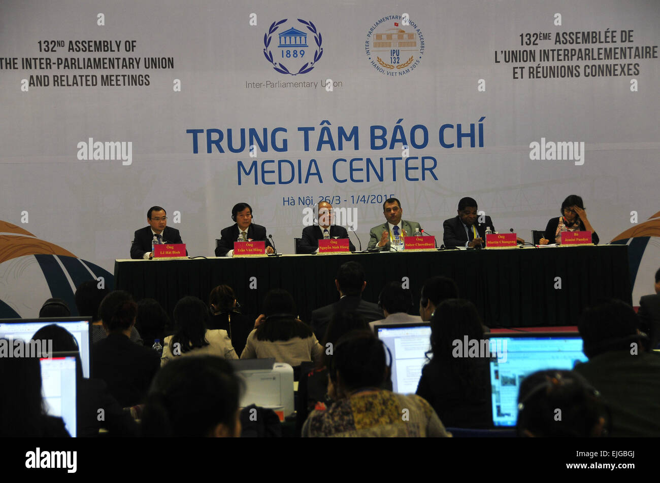 Hanoi. 26th Mar, 2015. Photo taken on March 26, 2015 shows the scene of a press conference of the 132nd Assembly of the Inter-Parliamentary Union (IPU) in Hanoi, Vietnam. Vietnam is ready for the 132nd Assembly of IPU and will try its best to ensure success of the important diplomatic event, said Nguyen Sinh Hung, Vietnam's National Assembly (NA) chairman, here Thursday. © Zhang Jianhua/Xinhua/Alamy Live News Stock Photo