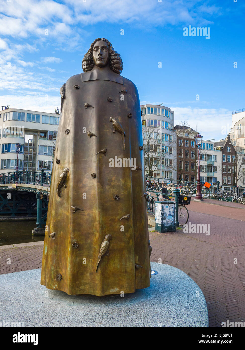 Statue of 17th Century Dutch philosopher Baruch Spinoza (1632 - 1677).  Monument by Nicholas Dings. Amsterdam, Netherlands. Stock Photo