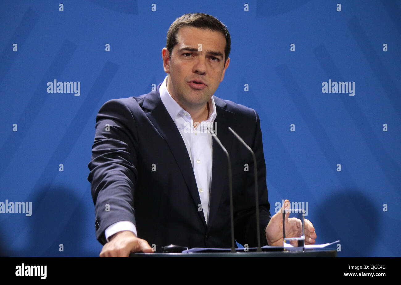 MARCH 23, 2015 - BERLIN: Greek Prime Minister Alexis Tsipras at a press conference after a meeting with the German Chancellor in the Chanclery in Berlin. Stock Photo