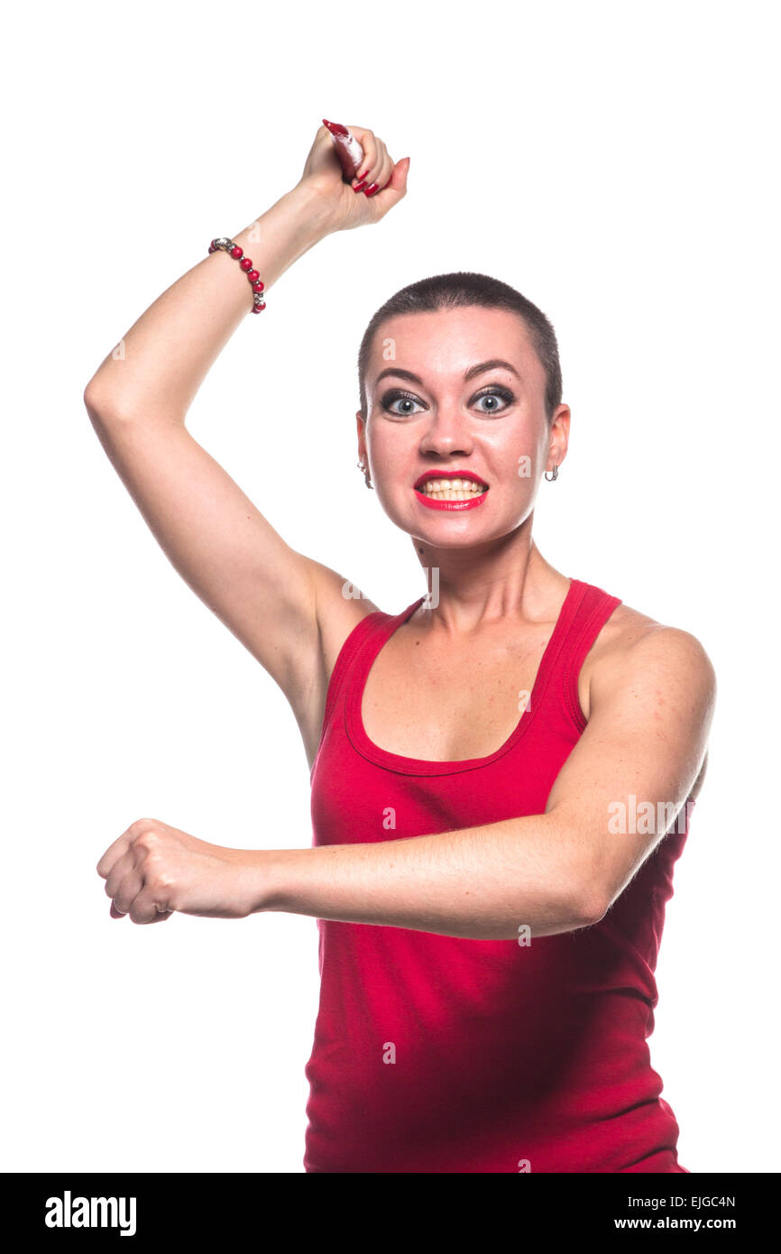 Aggressive Woman with chili pepper on white background Stock Photo