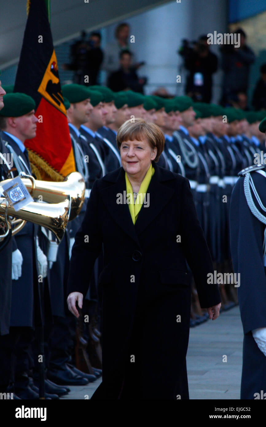 MARCCH 23, 2015 - BERLIN: German Chancellor Angela Merkel with soldiers of the Bundeswehr in the Chanclery in Berlin. Stock Photo