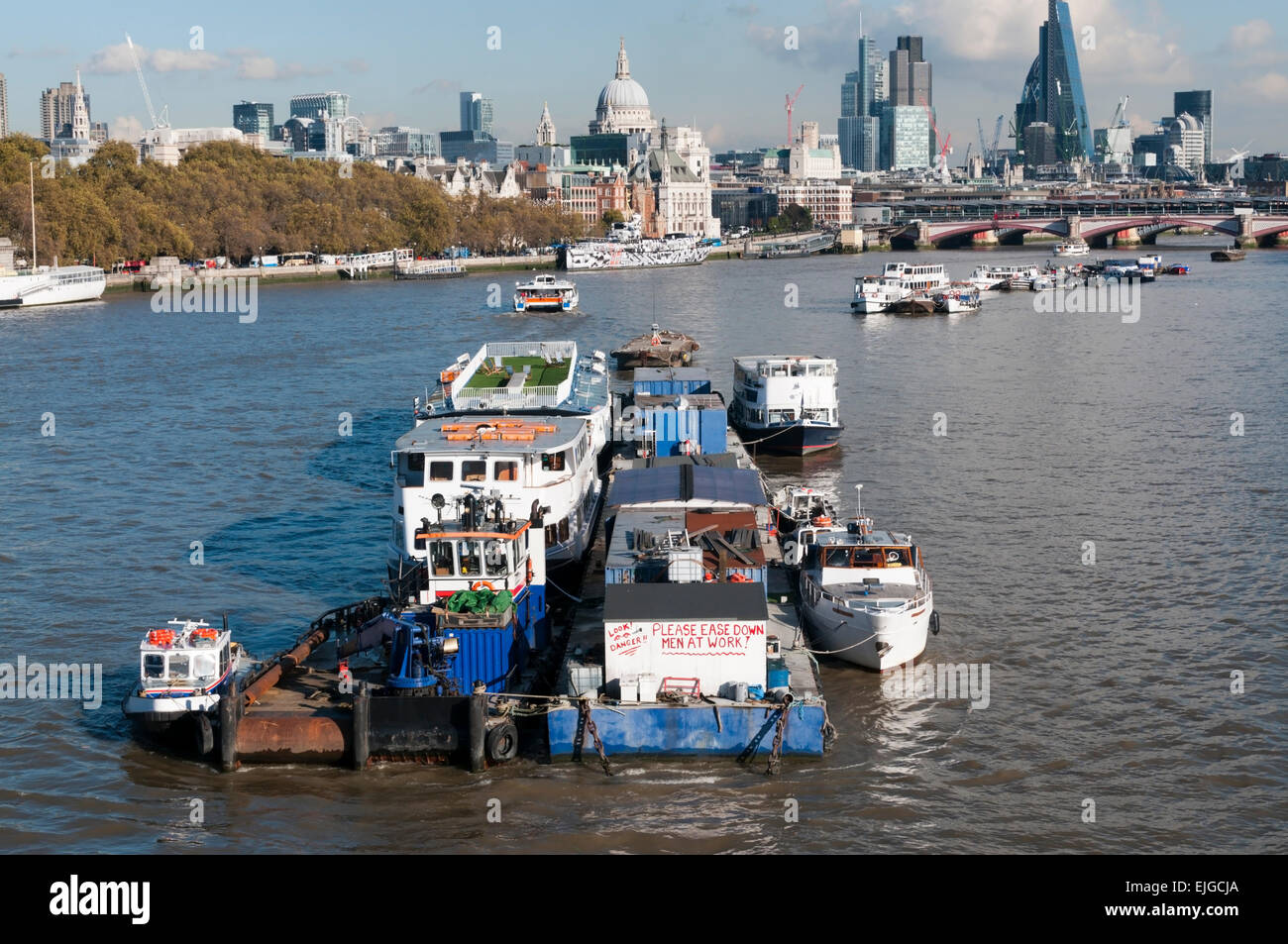 The River Thames in central London viewed from Waterloo Bridge towards the City. Stock Photo