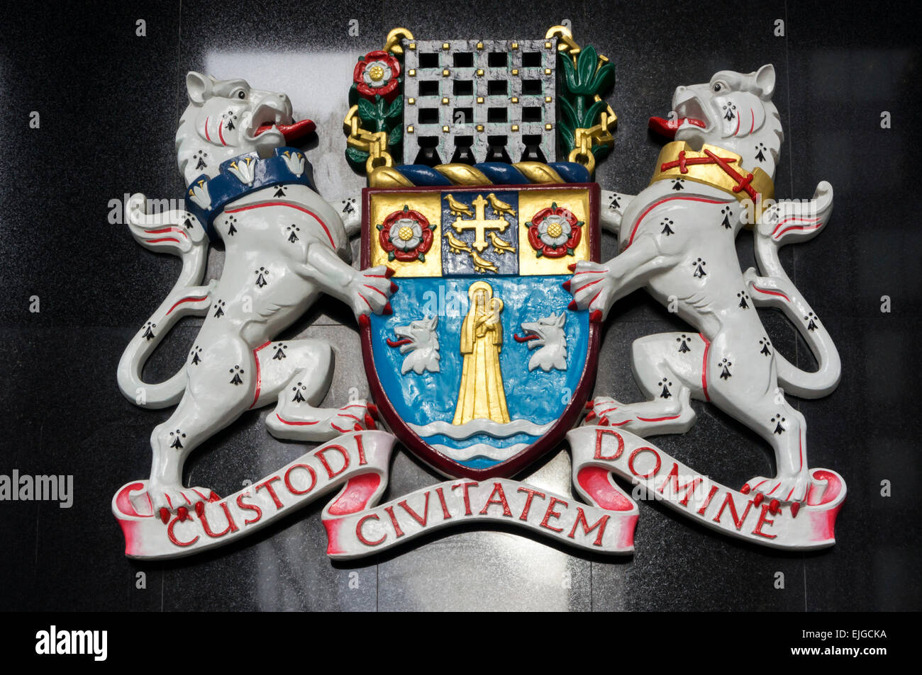 The coat of arms of the City of Westminster as displayed on Westminster City Hall.  SEE DETAILS IN DESCRIPTION. Stock Photo