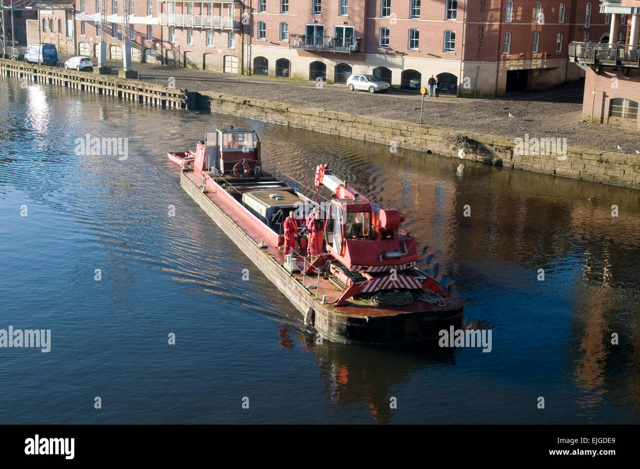 service barge on river ouse in york uk river bank repair repairs dredger dredging rivers authority Stock Photo