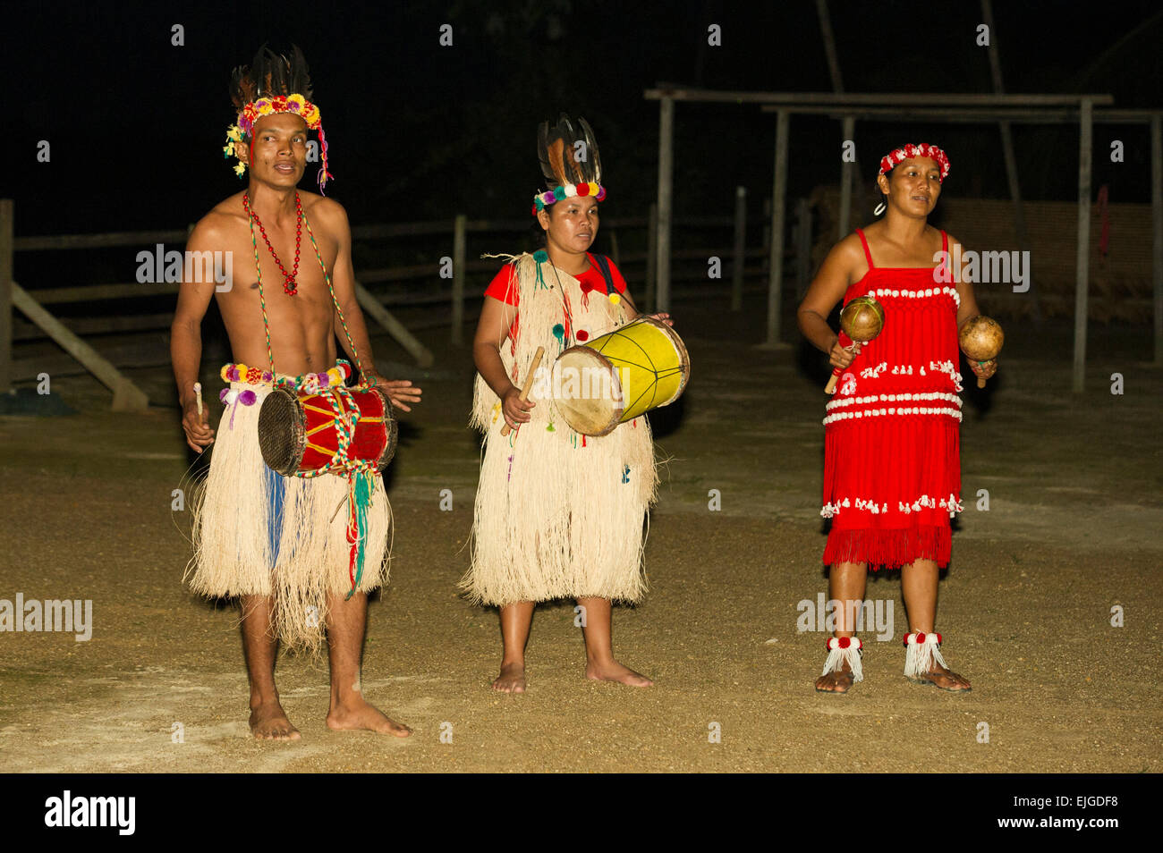 Musicians in an Amerindian dance group, Apura, Suriname Stock Photo