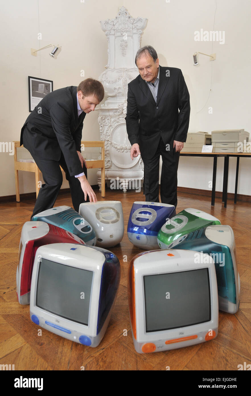 Start of exhibition of historical computers of US firm Apple, including rare computers like Apple Lisa, first Macintosh, Power Mac G4 Cube took place in chateau Slavkov - Austerlitz, Slavkov u Brna, Czech Republic, March 26, 2015. Pictured Pavel Malecek (left) and his father Bedrich Malecek, who take care of a collection of computers. (CTK Photo/Igor Zehl) Stock Photo