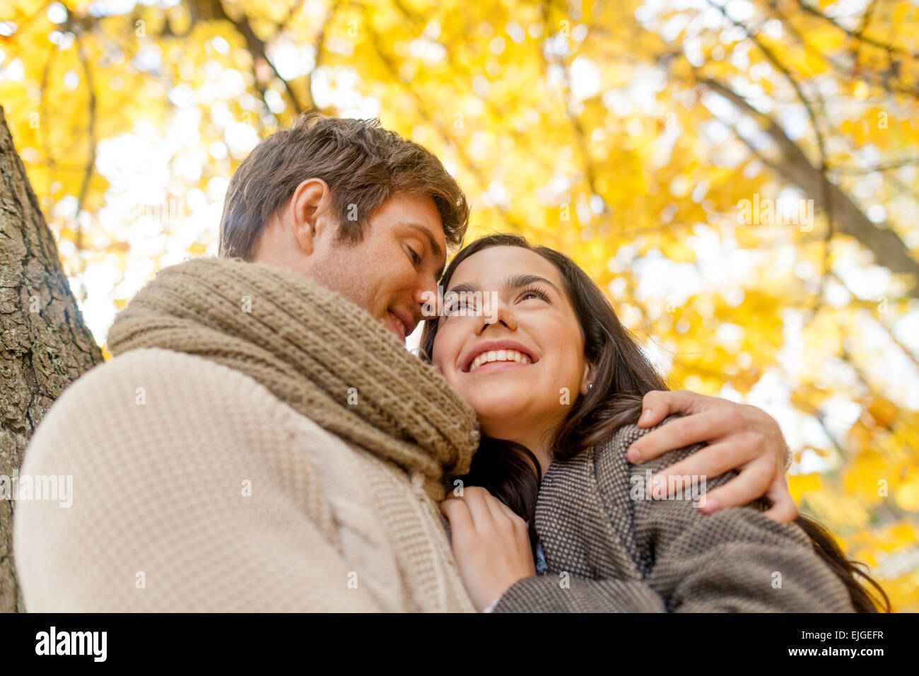 smiling couple hugging in autumn park Stock Photo - Alamy