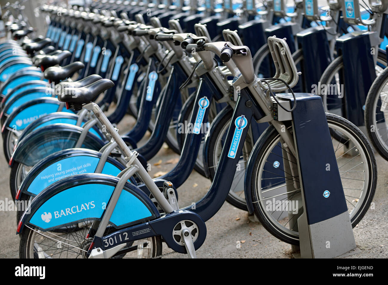 Barclays Cycle Hire Boris Bikes at a Docking Station, London, England, UK. Stock Photo