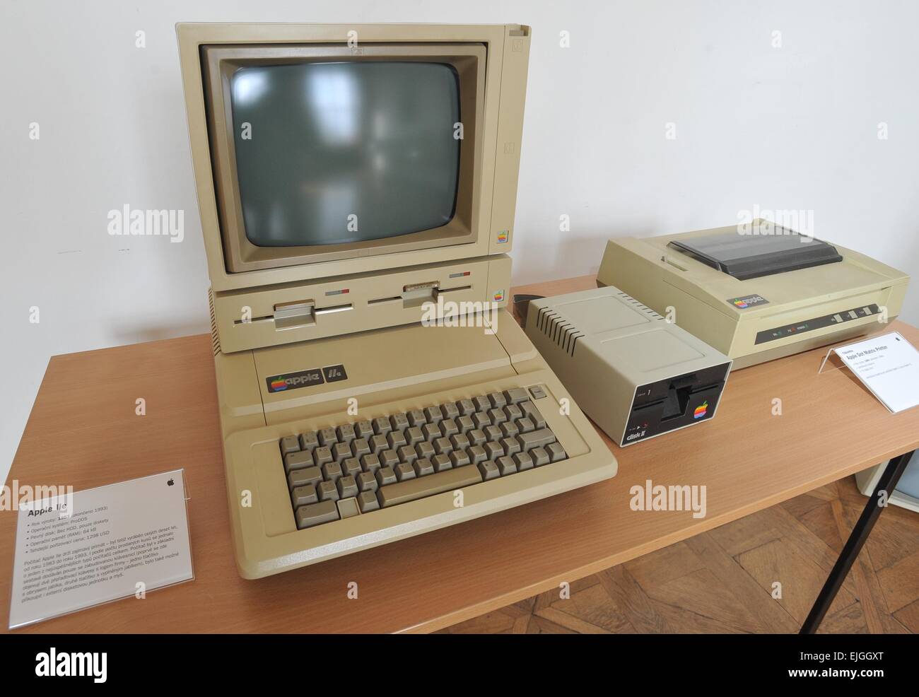 Start of an exhibition focused on historical computers of US company Apple, including rare computers like Apple Lisa, first Macintosh, Power Mac G4 Cube and pictured Apple IIe took place in chateau Slavkov - Austerlitz, Slavkov near Brno, Czech Republic, March 26, 2015. (CTK Photo/Igor Zehl) Stock Photo
