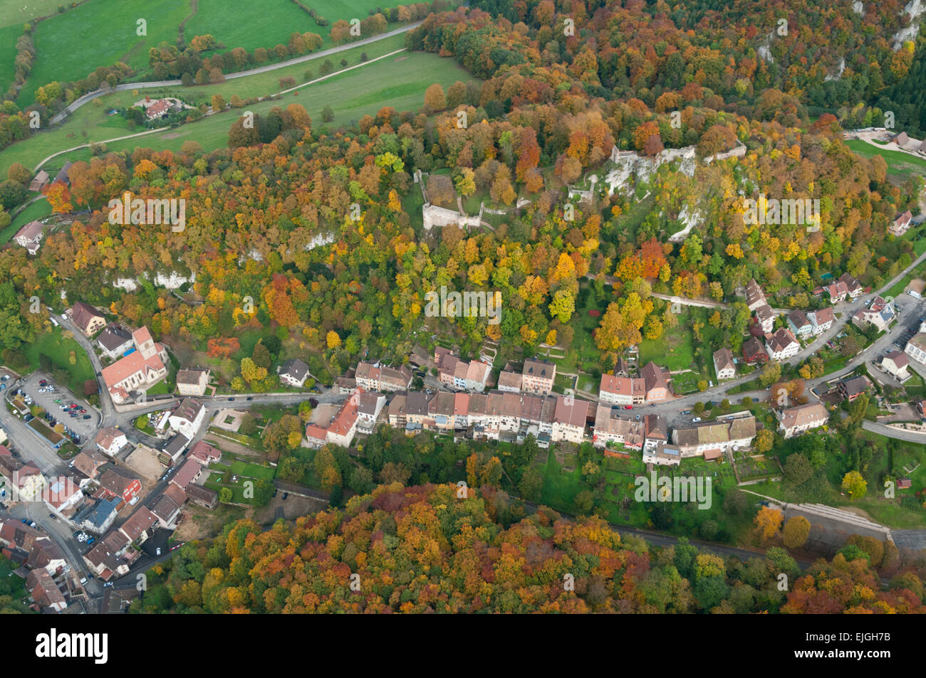 France. Haut-Rhin (68), village of Ferrette, castle (aerial view) Stock Photo