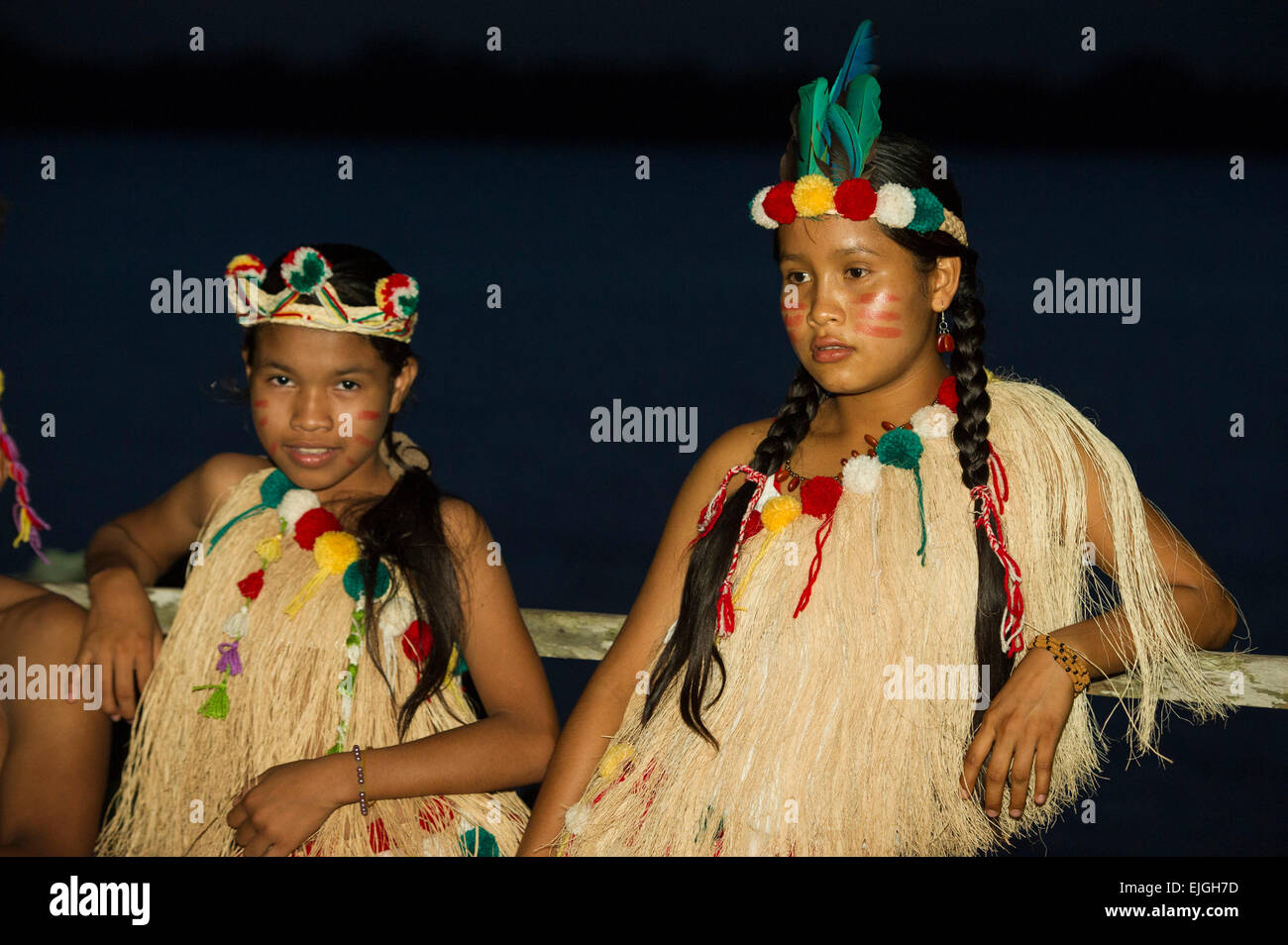 Girls in an Amerindian dance group, Apura, Suriname Stock Photo