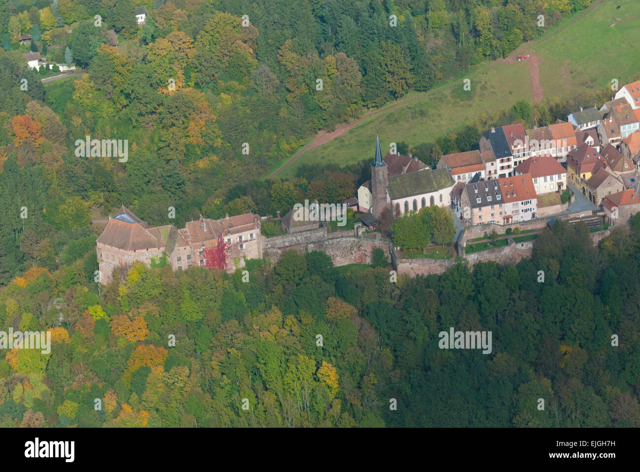 France, Bas Rhin (67), Alsace bossue, Castle and village of La Petite Pierre  (aerial view) Stock Photo
