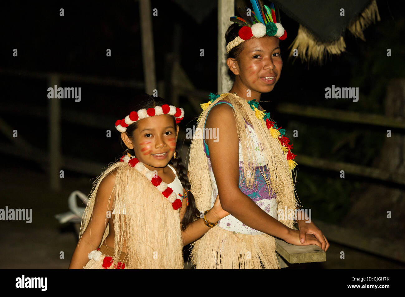 Girls in an Amerindian dance group, Apura, Suriname Stock Photo