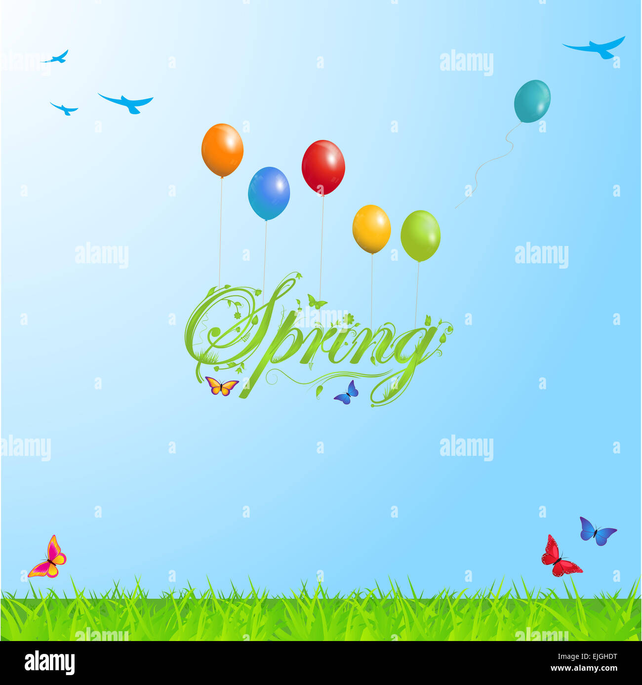 Spring Background with Text Balloons Butterfly and Birds Stock Photo ...