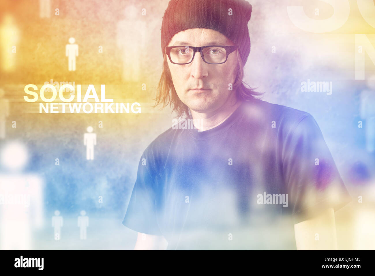 Social Networking Concept with Casual Man and blurred people in the background Stock Photo