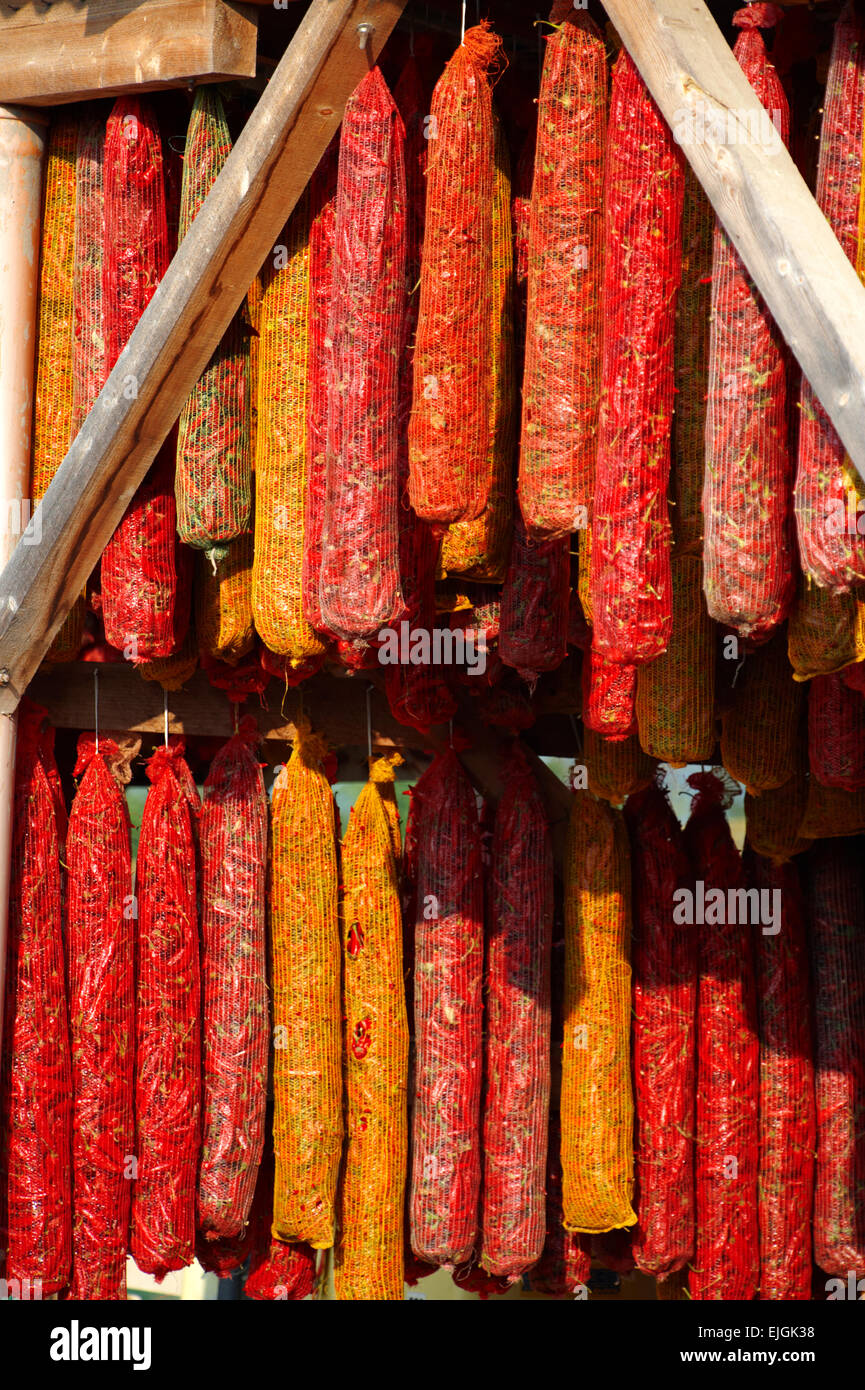 Capsicum annuum or chili peppers drying to make Hungarian paprika - Hungary Stock Photo