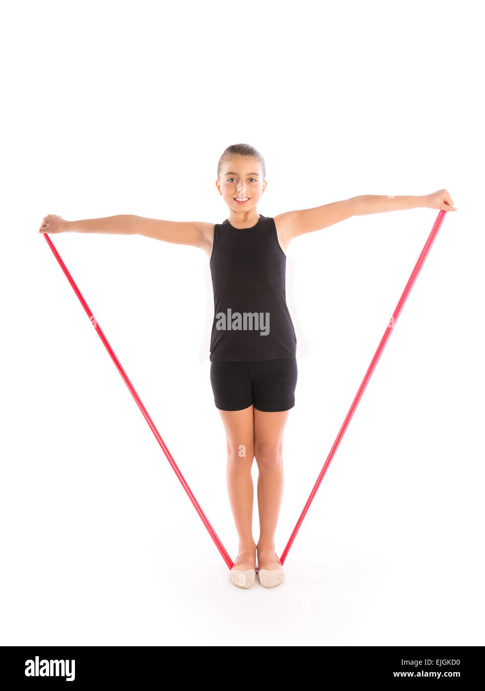 Fitness rubber resistance band kid girl exercise workout on white background Stock Photo