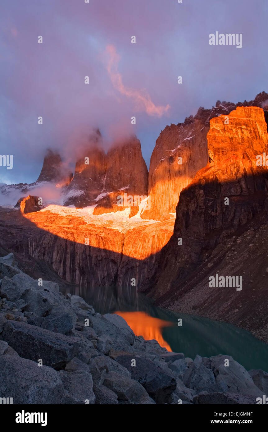 Las Torres (9,350 ft.), lake and morning clouds, Torres del Paine