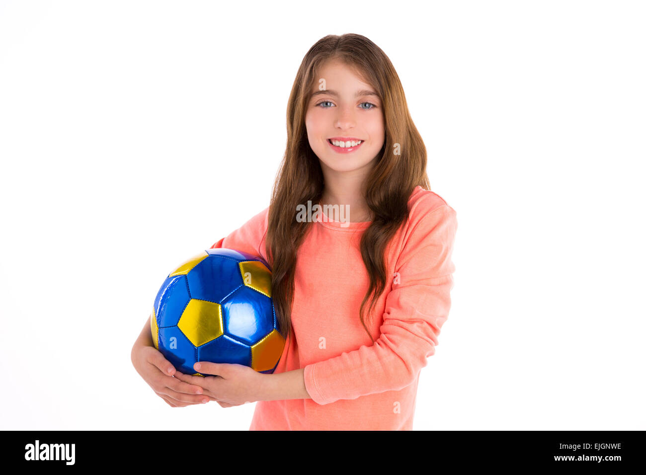 Football soccer kid girl happy player with ball on white background Stock Photo