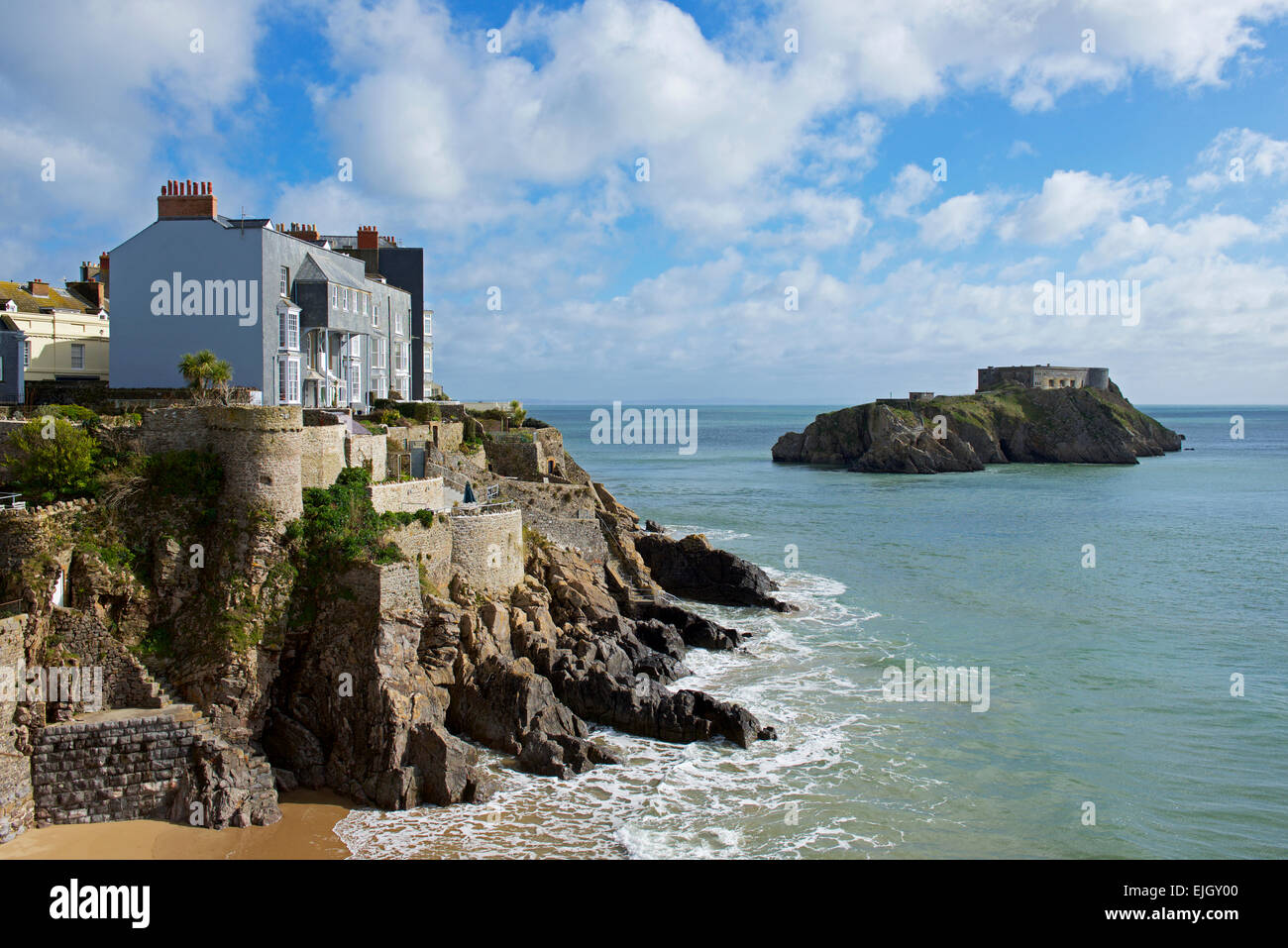 St Catherine's Island and fort with houses on rocky cliff, Tenby