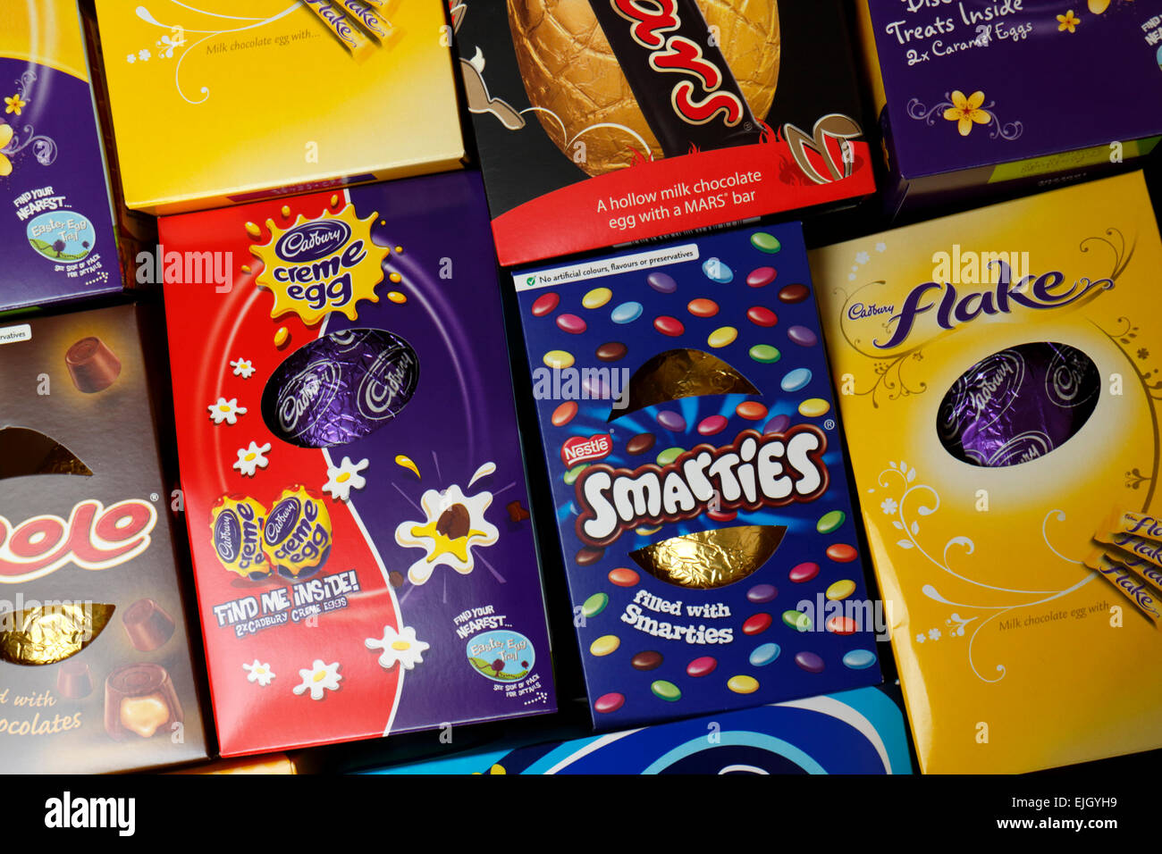 a selection of childrens easter eggs in cardboard packaging Stock Photo