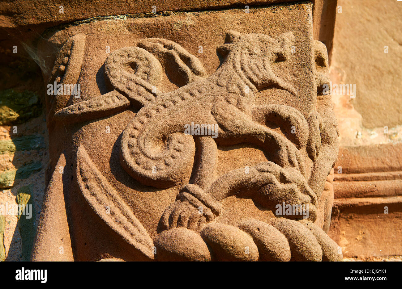 Norman Romanesque relief sculptures of mythical creatures. St Mary & St David Church, Kilpeck Hereford, England Stock Photo