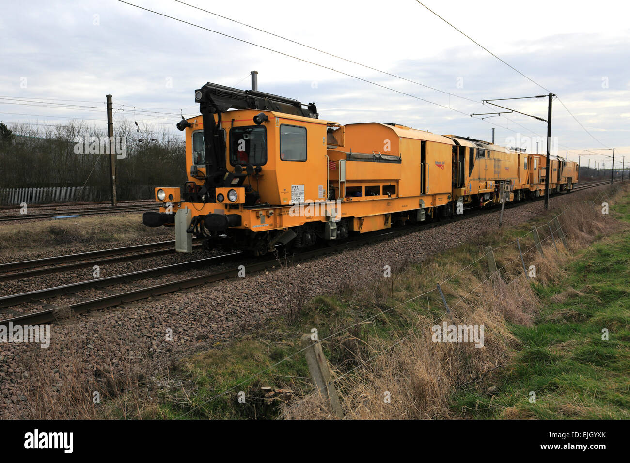 Networkrail Stoneblower locomotive, Diesel Train, East Coast Main Line Railway, Peterborough, Cambridgeshire, England, UK Stock Photo