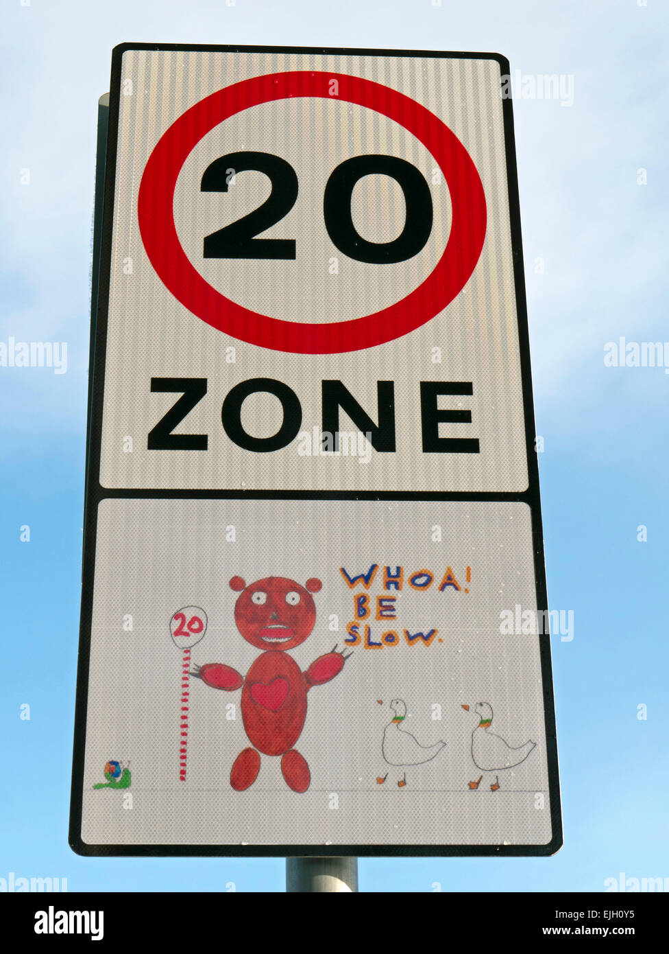 Twenty mph road sign near primary school in Bodmin, Cornwall. Stock Photo