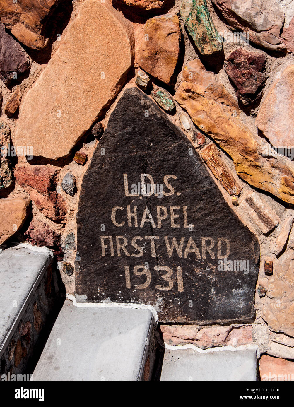 A 1931 datestone embedded in the side of the historic LDS 'rock church' located in Cedar City Utah. Stock Photo