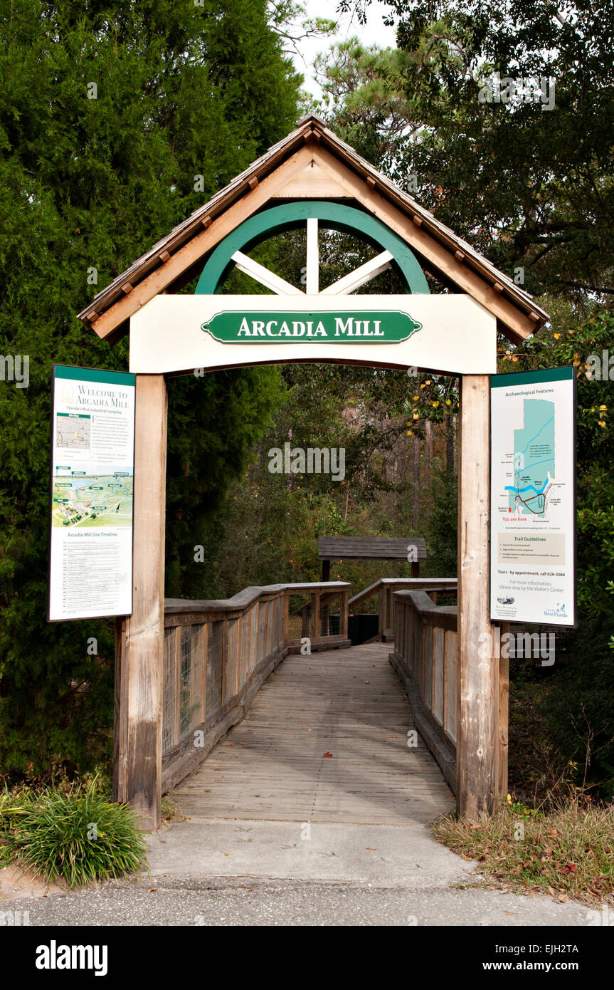 Entrance to walk bridge at Arcadia Sawmill and Arcadia Cotton Mill which is a historic site in Milton Florida Stock Photo