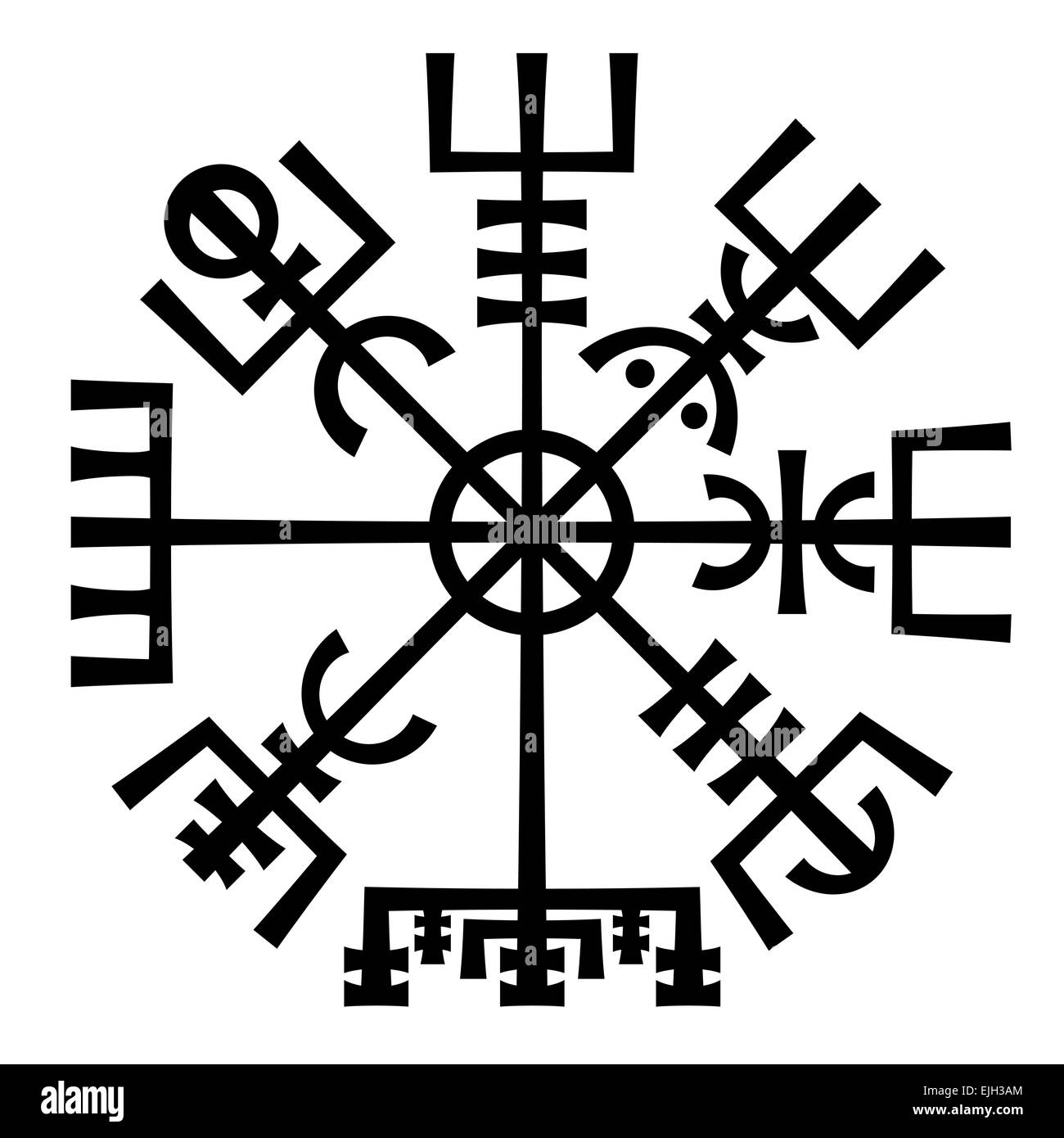 «Vegvisir». The Magic Navigation Compass of Vikings. Runescript from Medieval Icelandic Book. Talisman for good road and voyage. Stock Photo