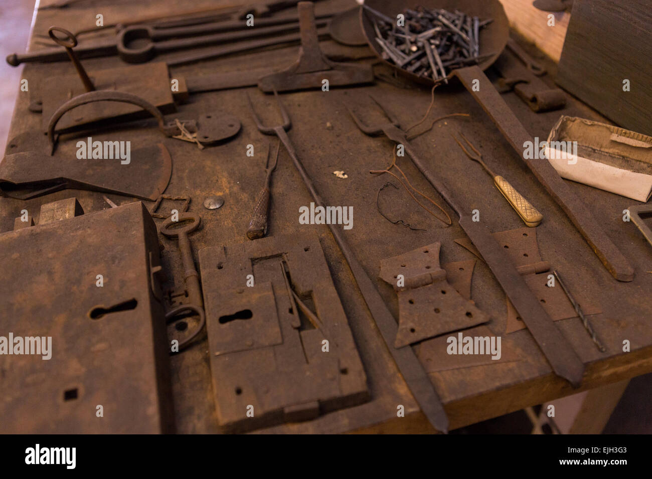 Blacksmith metal working tools at a iron working shop in Charleston, SC Stock Photo