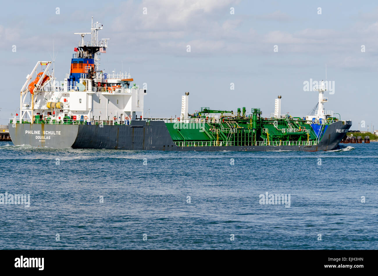 The LNG tanker PHILINE SCHULTE whose home port is ISLE OF MAN in the UK is shown in the Corpus Christi ship channel Stock Photo