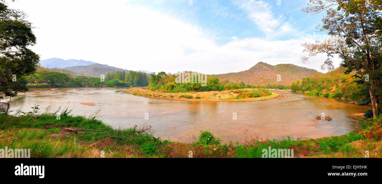 The Big Bend on River Panorama of Thailand Landscape at Maejam river,Hod district,Chiang Mai province,Thailand. Stock Photo