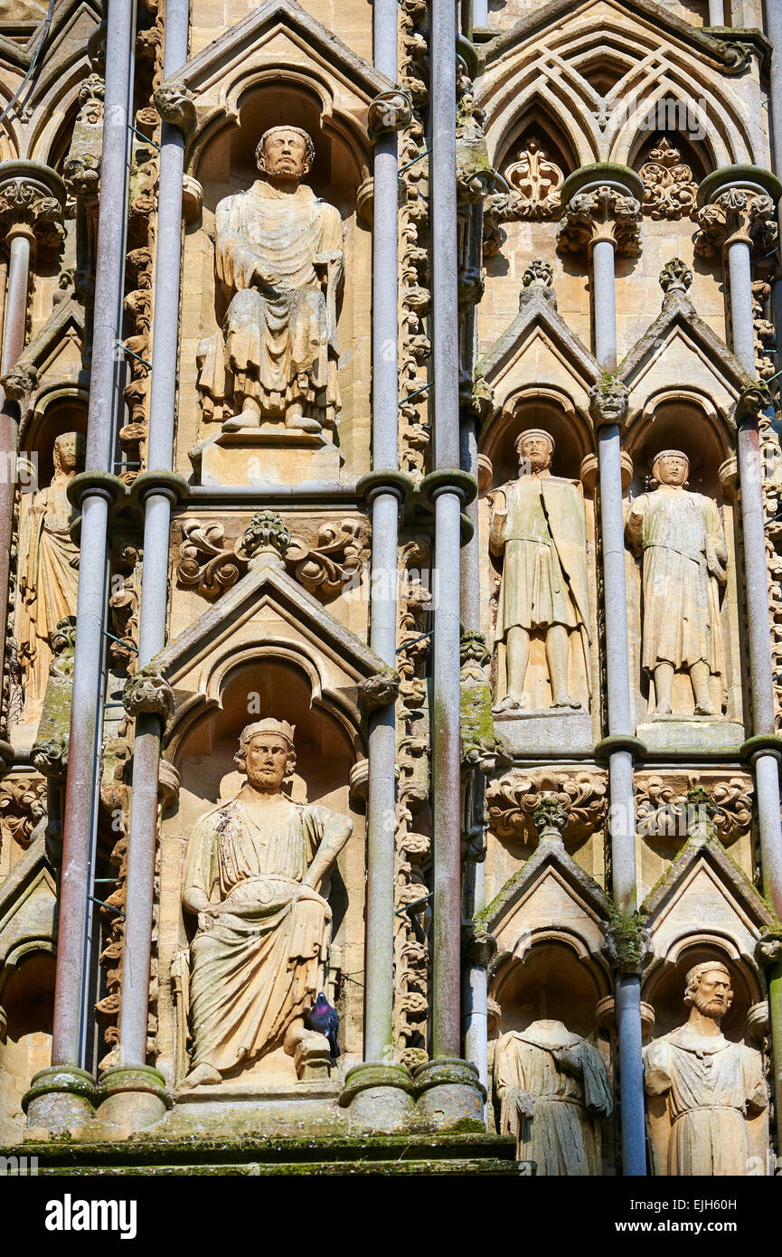 Statues on the facade of the medieval Wells Cathedral built in the