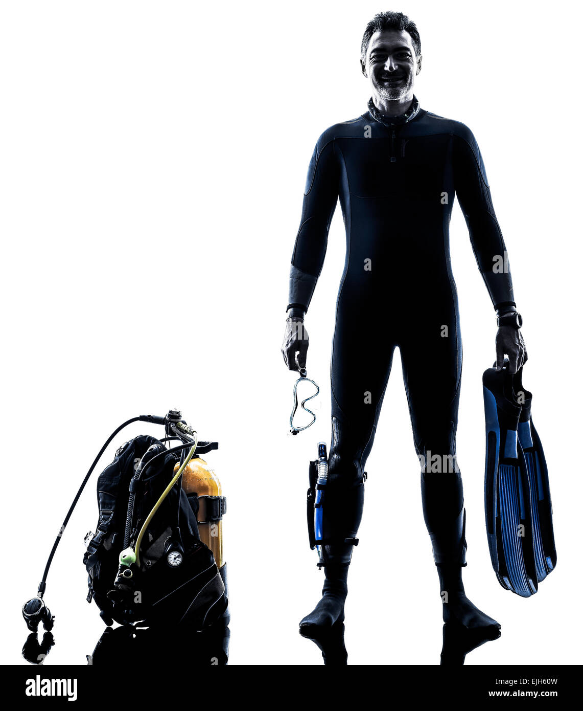 one caucasian scuba diver diving man  in studio  silhouette isolated on white background Stock Photo